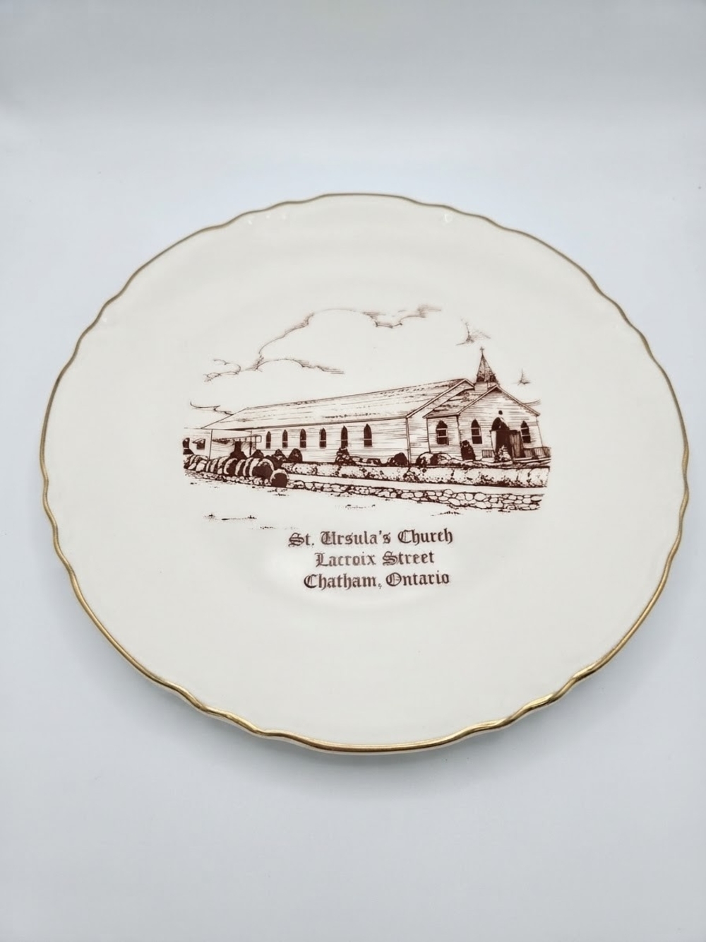 1975 St. Ursula's Church Chatham, Ontario Historical Plate 22K Gold Rim, 8"
